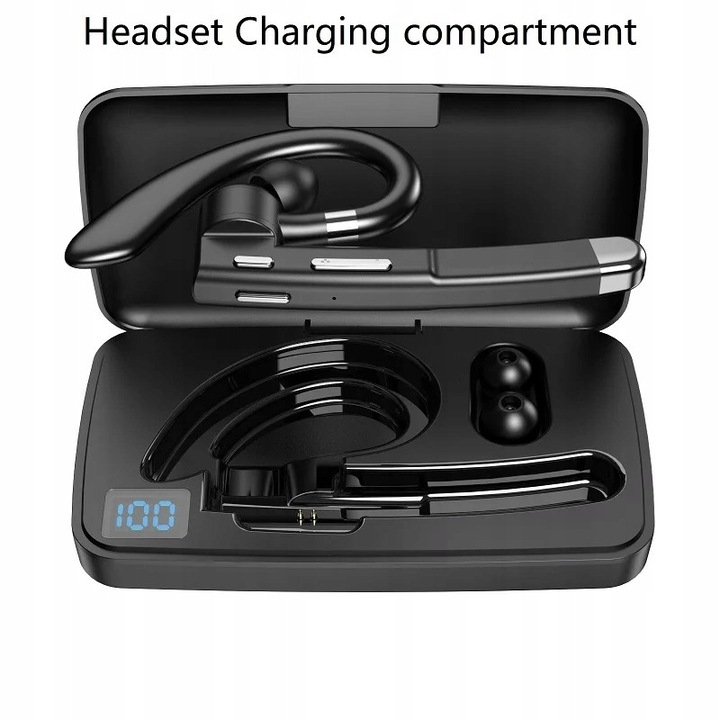 Vezeték nélküli fülhallgató, Bluetooth, tokkal és powerbankkal, fekete, 9x4,5x1,5cm