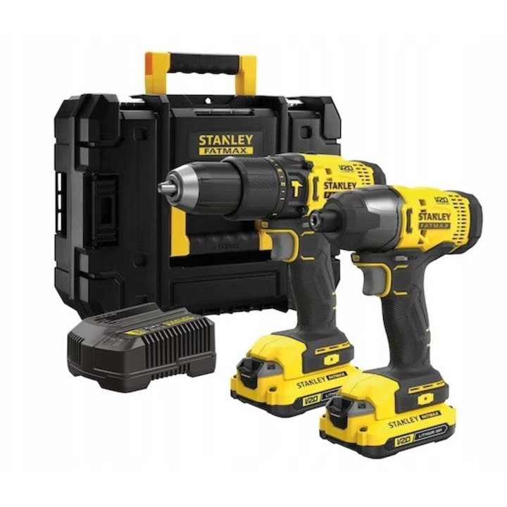Set unelte Stanley, SFMCD711 18V, surubelnita SFMCF800 18V, 2 acumulatori 2Ah, incarcator, cutie T-stack