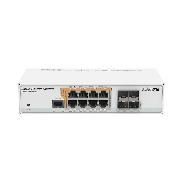 MikroTik CRS112-8P-4S-IN menedzselhető switch, 8 Ethernet port, 4 SFP slot, PoE, 200x143x40mm