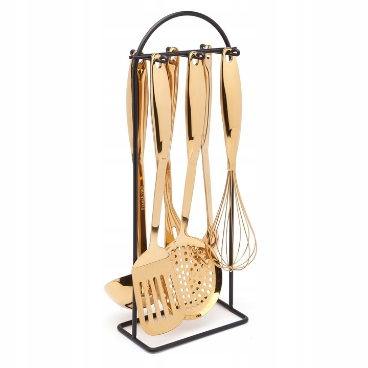 Set ustensile de bucatarie Starke Pro Ultime Gold, 7 elemente, negru si auriu, dimensiuni suport 17x9x43cm