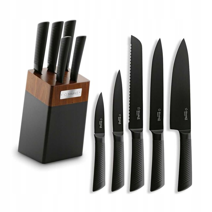 Set de 5 cutite de bucatarie in suport din lemn Taylor, Starke Pro, otel inoxidabil, negru, dimensiuni variate