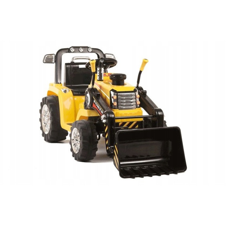 Tractor electric Super-Toys cu lopata si telecomanda 12V, 3 viteze, galben, 124x55.5x59cm