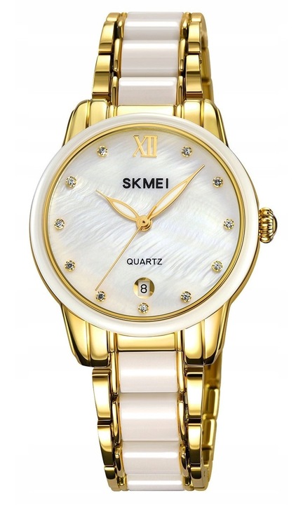 Ceas Dama Skmei 2175GD Bransoleta Aurie si Alba, Mecanism Quartz, Cutie Inclusa