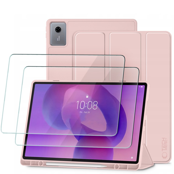 Husa tablete Tech-Protect, set cu 2 sticla de protectie, roz, pentru Lenovo Idea Tab Plus 12.1 TB-361