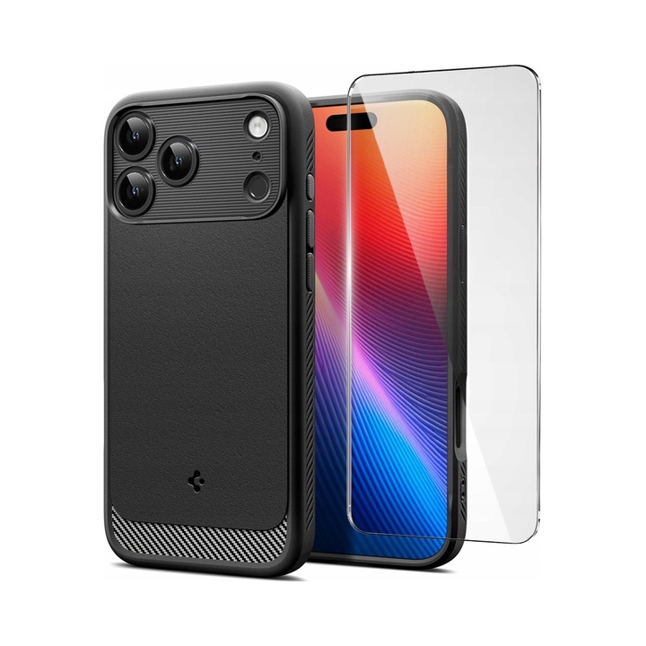 Husa Spigen Rugged Armor iPhone 17 Pro Max, negru mat, subtire, sticla 0.3mm