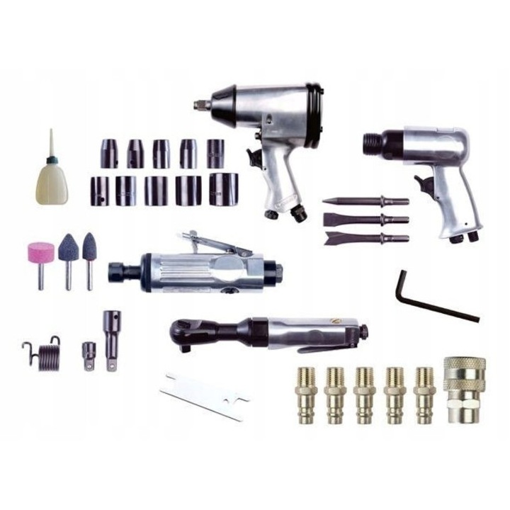 Set unelte pneumatice 34 piese Stanley, cheie impact 1/2", ciocan pneumatic, cheie ratchet 1/2", slefuitor,