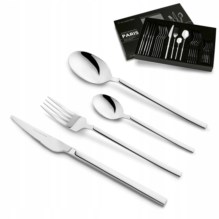 Set tacamuri Starke Pro Paris, 24 elemente, inox, argintiu, design minimalist, pentru 6 persoane