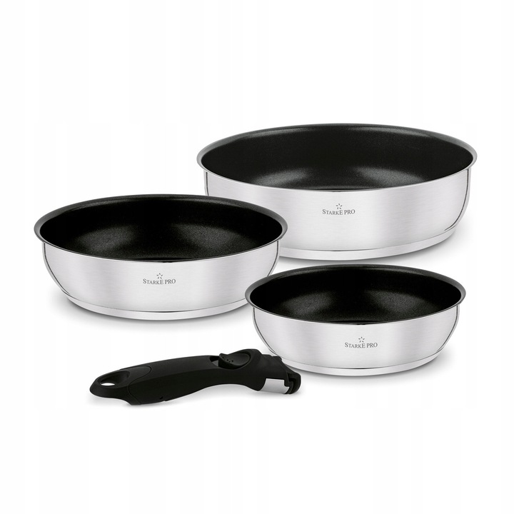 Set tigai 20/24/28 cm, Starke Pro, non-stick, cu maner detasabil, argintiu