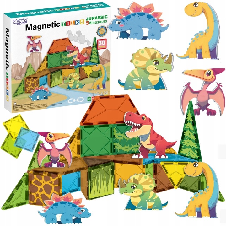 Set blocuri magnetice Woopie, 30 piese, 7,5 cm, dinozauri
