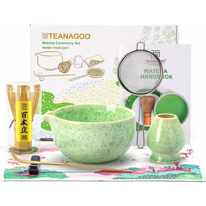Set 7 piese pentru ceremonie Matcha, TEANAGOO, ceramica verde, include chawan, chasen, chashaku, suport, sita, 500-510 ml
