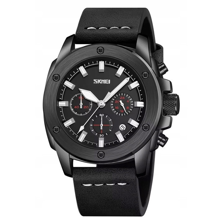 Ceas barbatesc, Skmei, model skm.193271c.mn, cronograf, rezistent la apa 30m, 47x54x15mm, curea din piele naturala