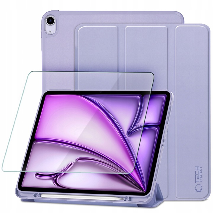 Set Etui SmartCase Tech-Protect pentru iPad Air 13" 2024-2025, Violet, cu suport pentru Apple Pen, inclusiv sticla Hofi Glass Pro+