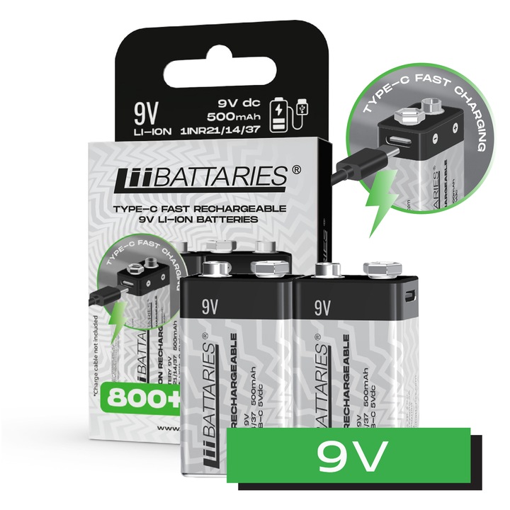 Baterie LiiBatteries 9V Li-Ion USB-C, set 2 bucati, 500mAh, 47x25x16mm