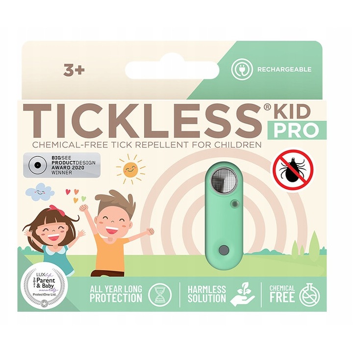 Dispozitiv anti-tick Tickless Kid PRO, verde, 2,5m, reincarcabil, pentru copii