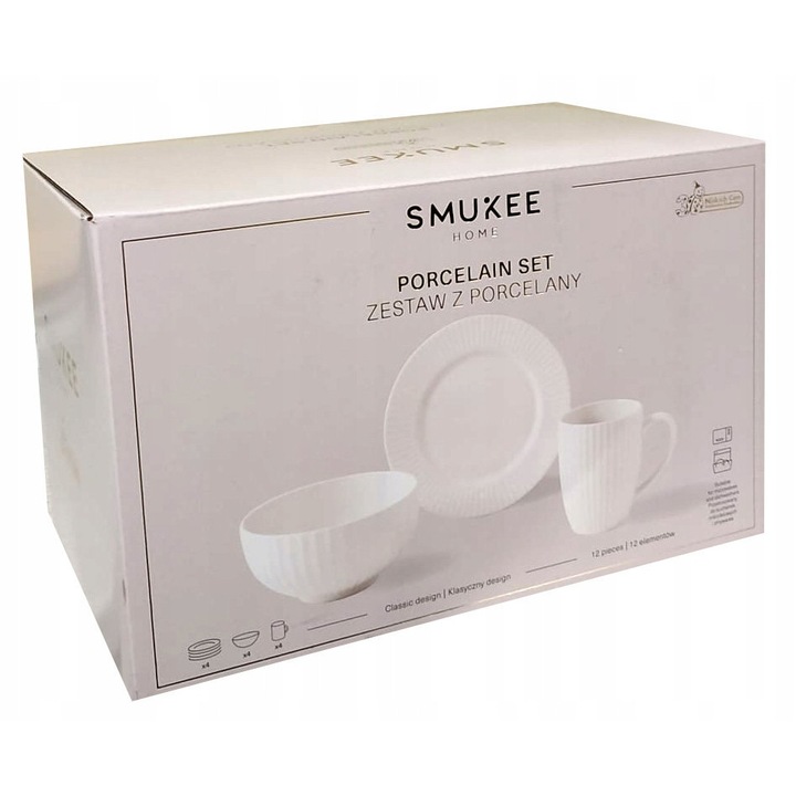 Set portelan 12 piese pentru 4 persoane, Smukee, salatera 15,2x7,7cm, farfurie 20x1,8cm, cana 8,5x11cm