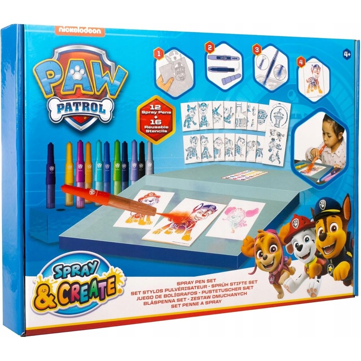 Set creativ Paw Patrol, 12 buc spray, 16 sabloane reutilizabile