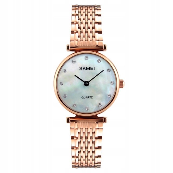 Ceas dama Skmei, bratara din otel inoxidabil, argintie si aurie, mecanism japonez, 25x31x6mm, lungime bratara 21cm