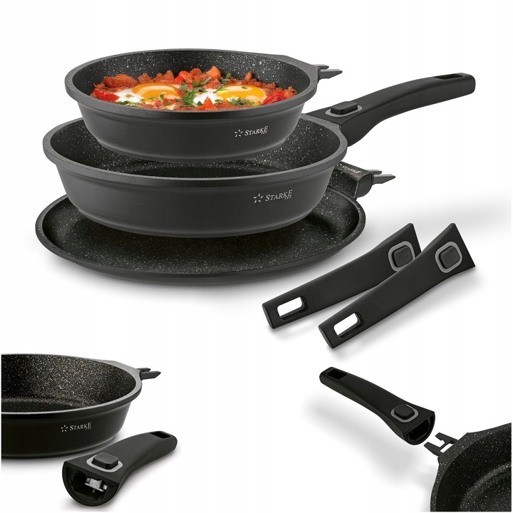 Комплект тигани Starke Pro, 20x24x28см, с подвижна дръжка, индукция, черен мраморен цвят
