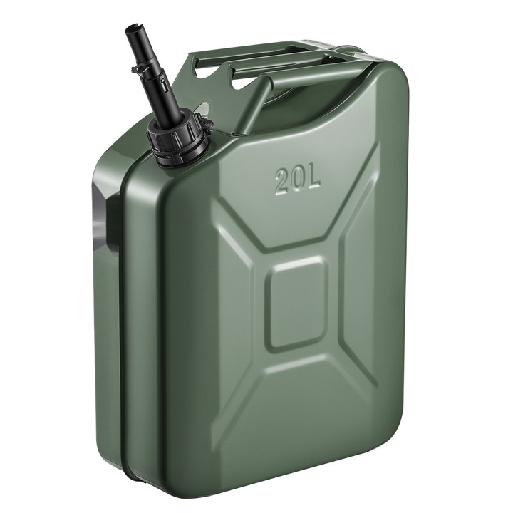 Üzemanyagtartály, Fém, 20 l, Kiöntőcsővel, Ergonomikus fogantyú, Max. 6 l/perc áramlás, Szivárgásmentes, Korrózióálló, Benzinhez és dízelhez, Zöld