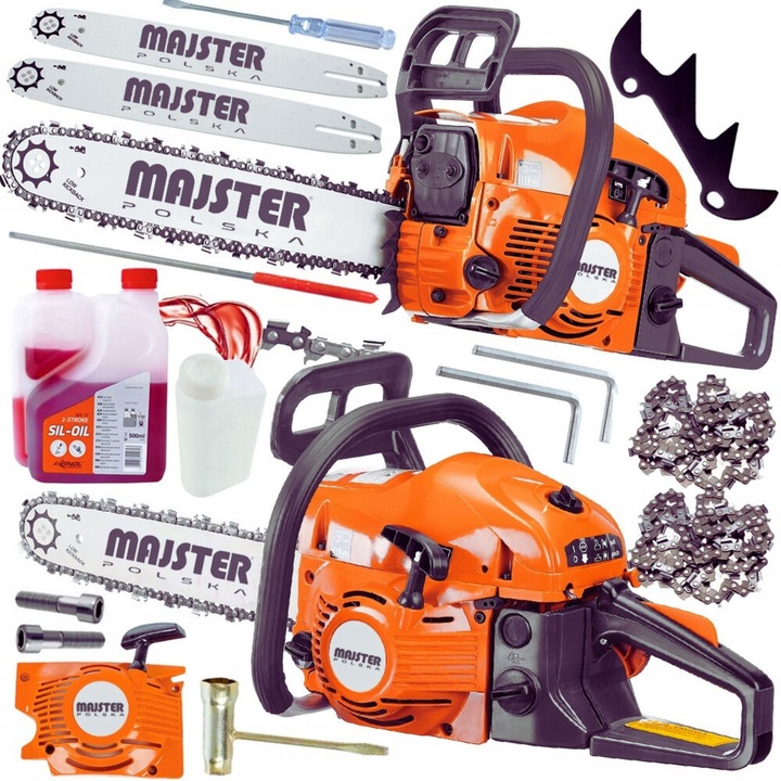 Majster MP-PS-5700 láncfűrész, 5.7 LE, 2x 40cm és 45cm vezetőlemez, 2x lánc, szerszámkészlet, többszínű