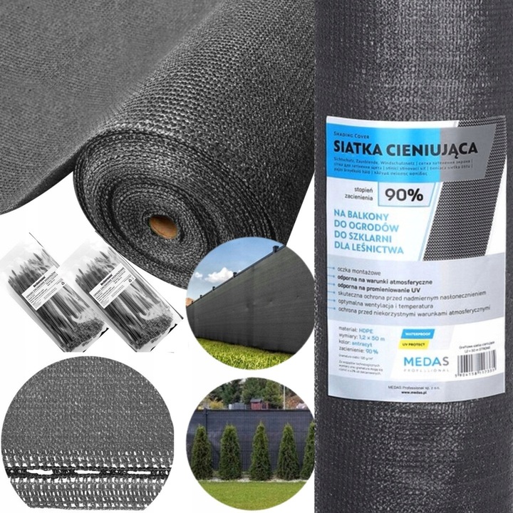 Siatca de umbrire HDPE 1,2x50m, 90% UV, gri, set cu opase de prindere