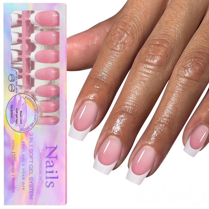 Set 150Pcs unghii false cu varf frantuzesc alb, 3 in 1, gel moale reutilizabil, alb/roz, 15 dimensiuni