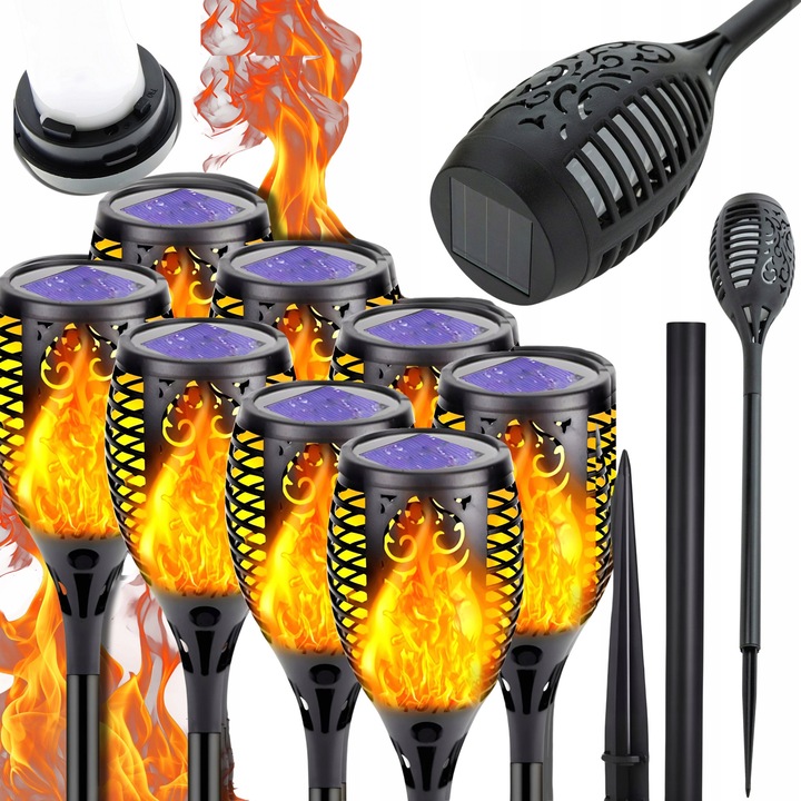 Set 8 lampi solare Vergionic, model torta, efect flacara, 50,6 cm, culoare neagra