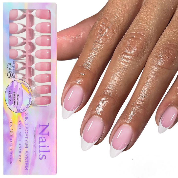 Set 150Pcs unghii false French Tip, 3 in 1, gel moale reutilizabil, alb/roz, 15 dimensiuni