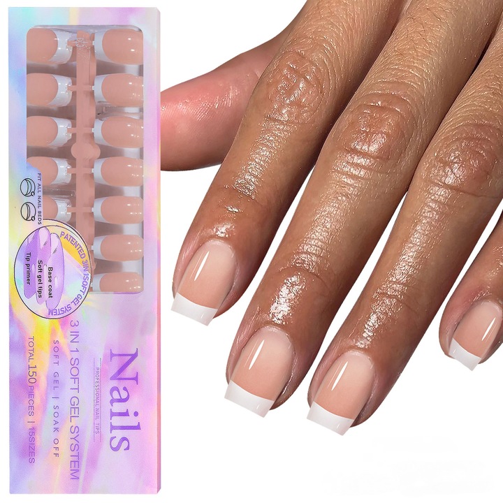 Set 150Pcs unghii false French Tip, 3 in 1, gel moale reutilizabil, alb/orange, 15 dimensiuni