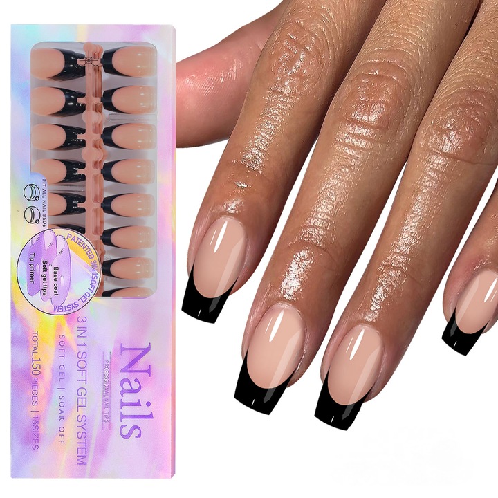 Комплект 150 бр. изкуствени нокти френски тип бели, 3 в 1, мек гел за многократна употреба, черен/оранжев, 15 размера