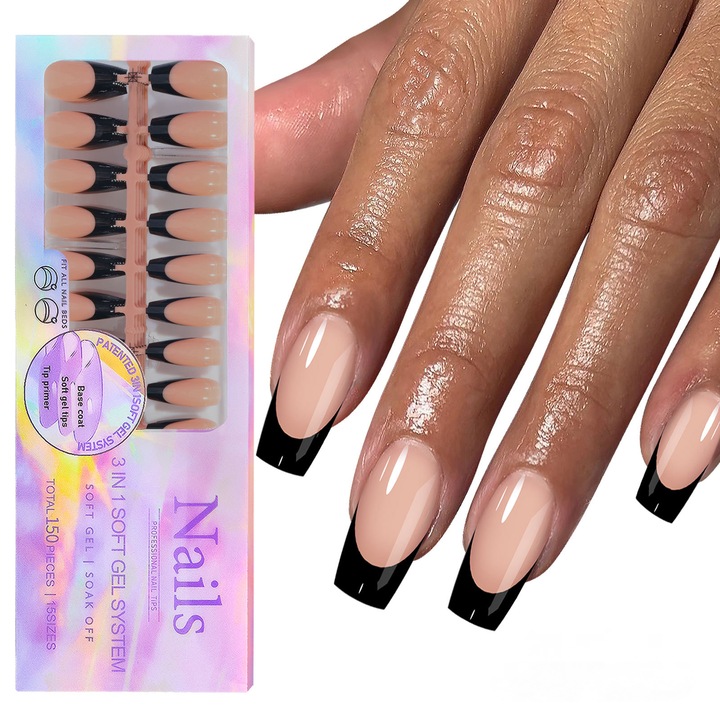 Set 150Pcs unghii false French Tip, 3 in 1, gel moale reutilizabil, alb/portocaliu, 15 dimensiuni