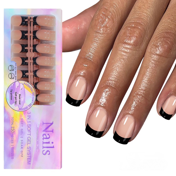 Set 150Pcs unghii false tip frantuzesc alb, 3 in 1, gel moale reutilizabil, negru/portocaliu, 15 dimensiuni