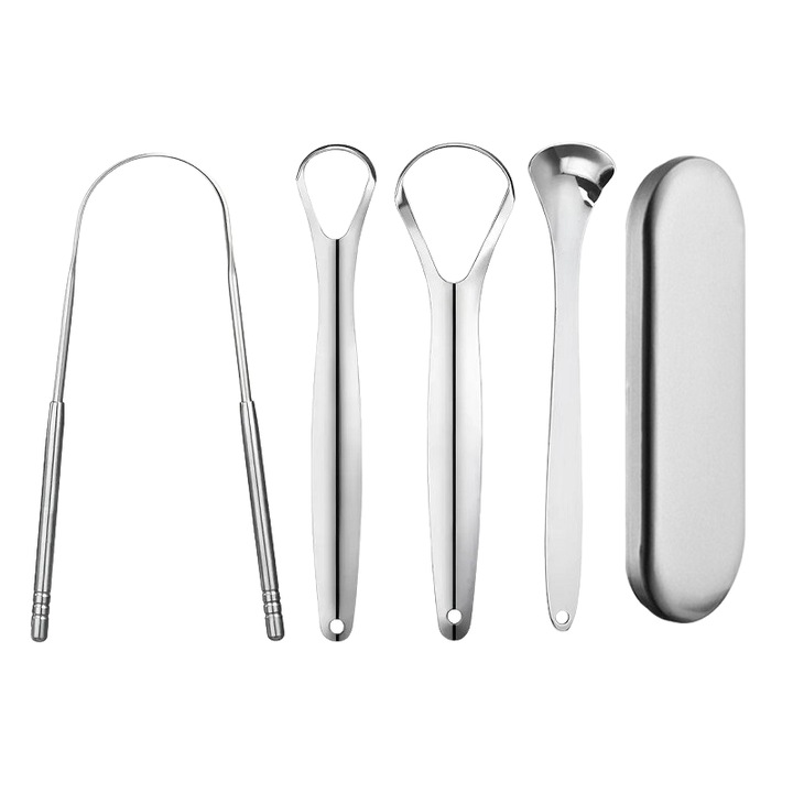 3 darabos fém nyelvtisztító készlet, rozsdamentes acél, könnyen használható, utazótokkal
