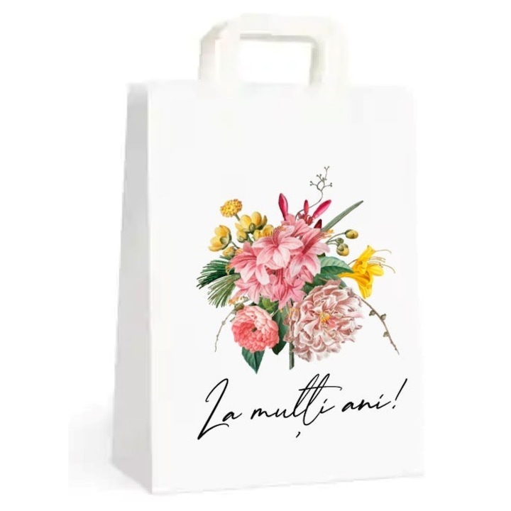 Set 10 Pungi cadou aniversare cu buchet de flori si mesaj „La Multi Ani” 18x9x25 cm