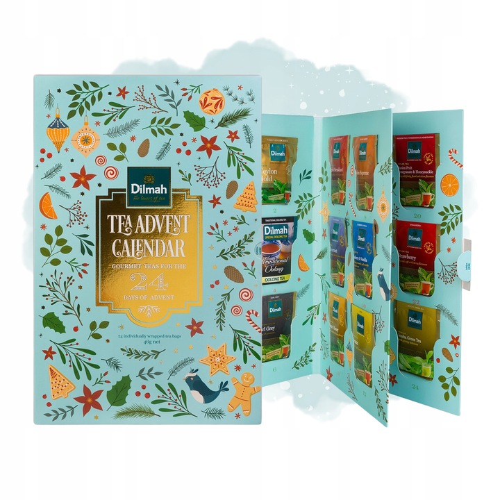 Calendar Advent cu Ceaiuri Dilmah, set 24 sortimente, ceaiuri negre, verzi, oolong si pu-erh, multicolor, 2g/1.5g fiecare