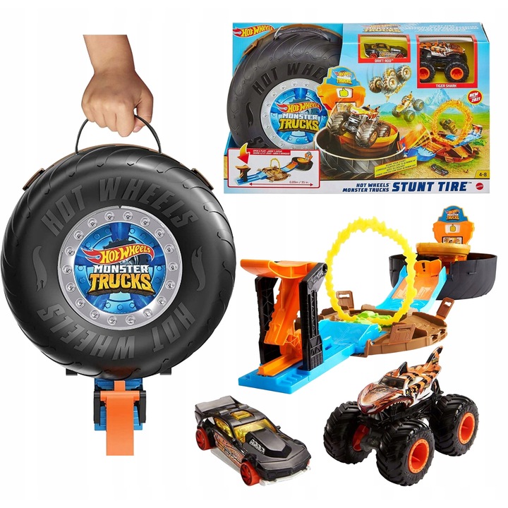 Set pista Hot Wheels Monster Trucks, arena kaskaderska 89cm, Tiger Shark, 1:64, multicolor