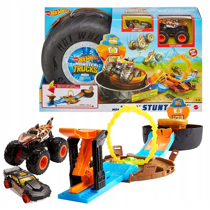 Set Hot Wheels Monster Truck, arena kaskadersca in forma de roata, 89cm, include Tiger Shark si masinute 1:64