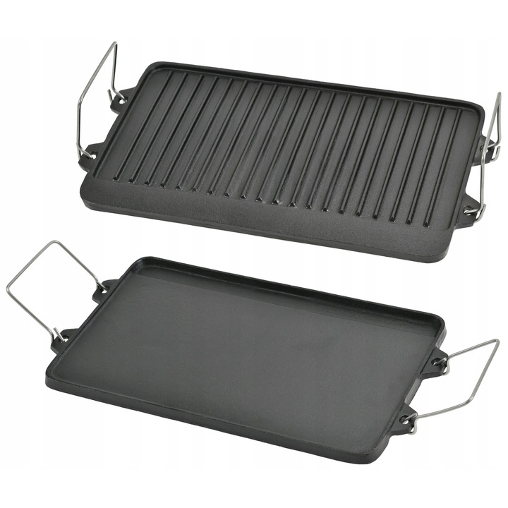 Placa grill din fonta, Krisberg, 52x25x1,5 cm, grea, dubla fata, cu manere pliabile