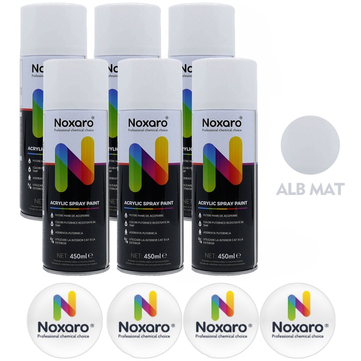 Set 6 Vopsea spray Alb Mat, NOXARO, Cantitate 450ml, 4x Stickere