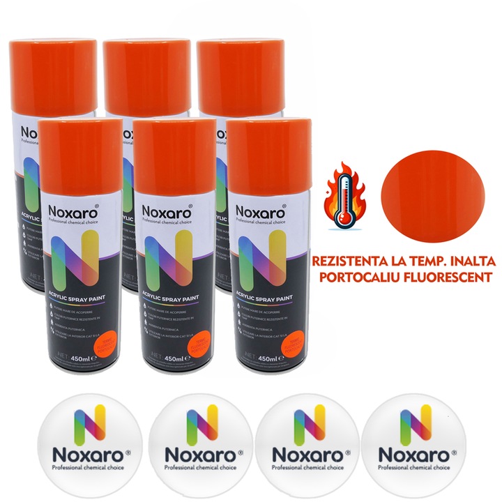 Set 6 Vopsea spray rezistenta la temperatura inalta Portocaliu Fluorescent, NOXARO, Cantitate 450ml, 4x Stickere