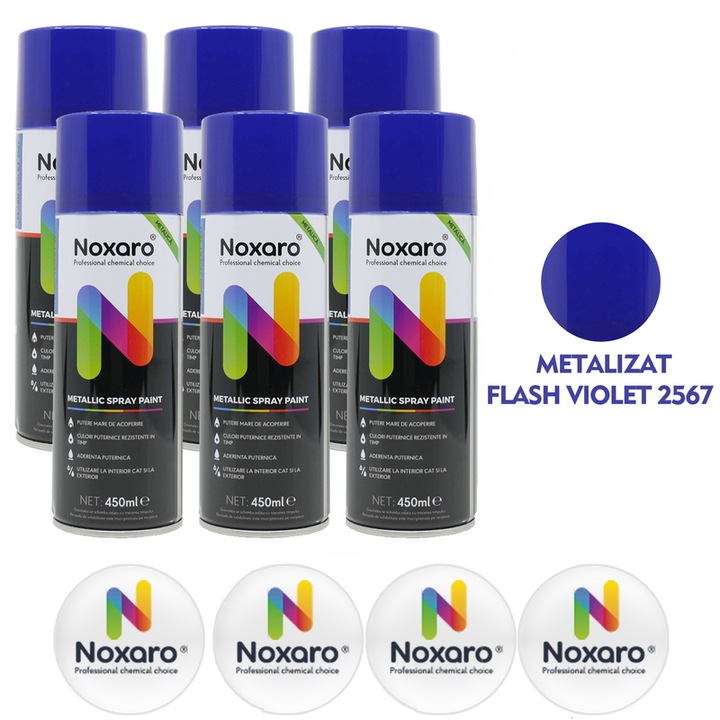 Set 6 Vopsea spray metalizat Flash Violet 2567, NOXARO, Cantitate 450ml, 4x Stickere