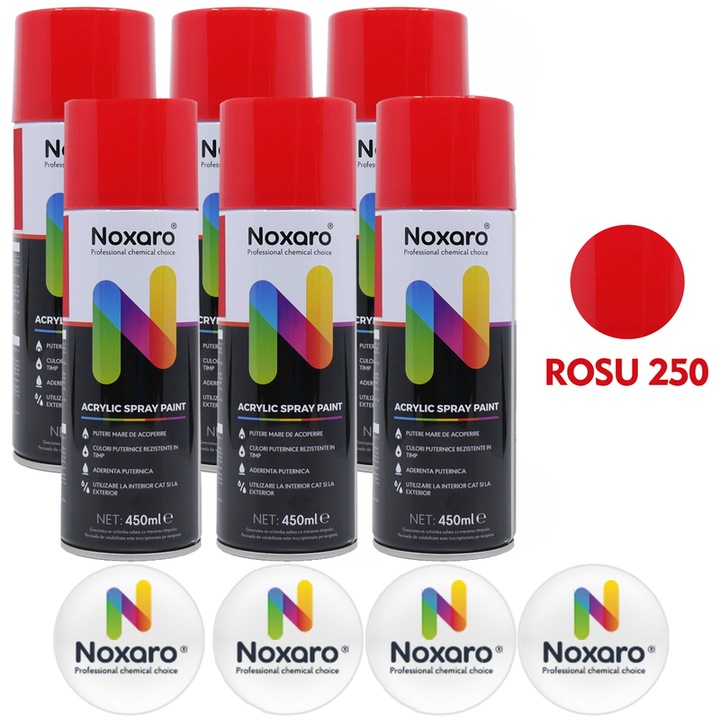 Set 6 Vopsea spray Rosu 250, NOXARO, Cantitate 450ml, 4x Stickere