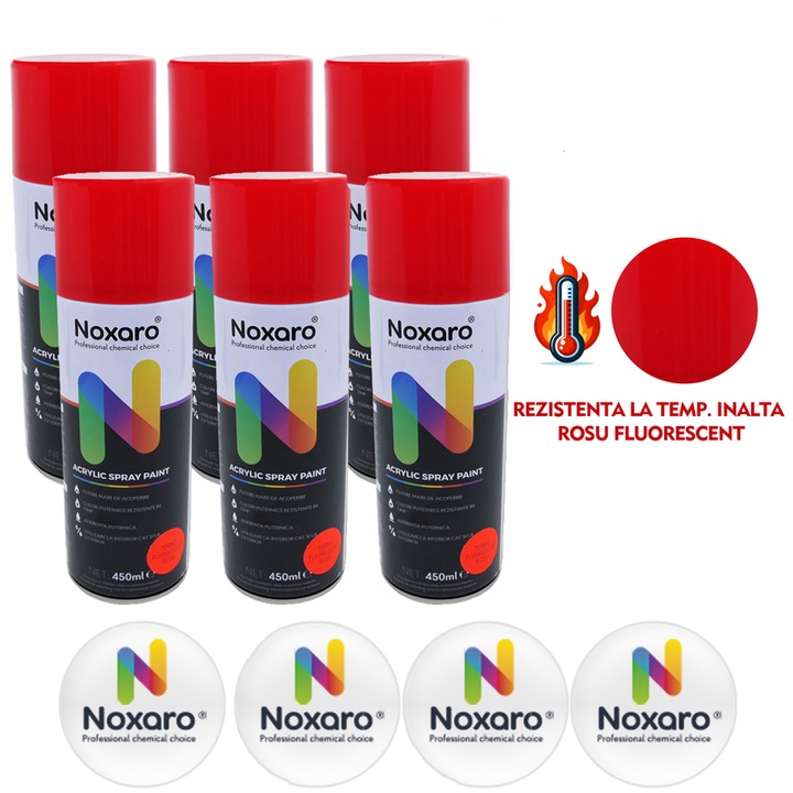 Set 6 Vopsea spray rezistenta la temperatura inalta Rosu Fluorescent, NOXARO, Cantitate 450ml, 4x Stickere