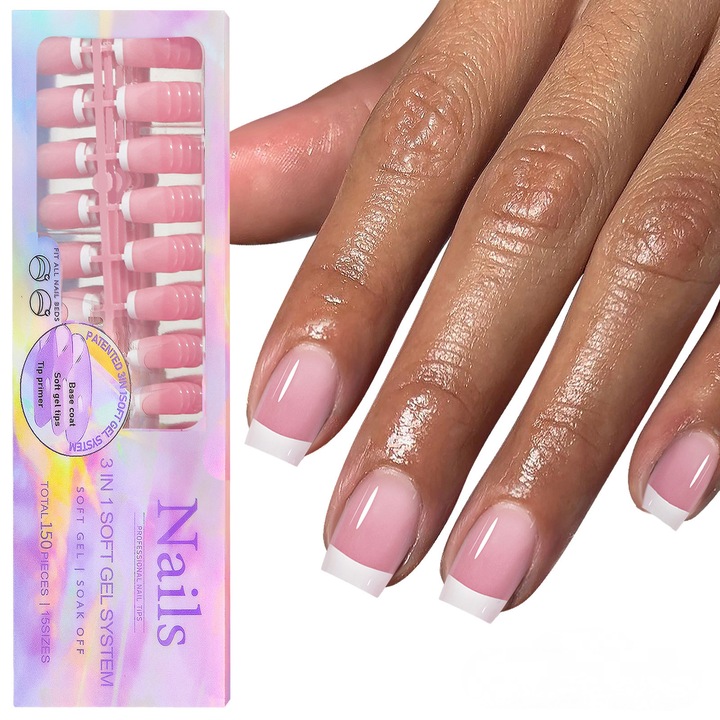 Комплект от 150 броя изкуствени нокти с бял френски връх, 3 в 1, мек гел за многократна употреба, бял/розов, 15 размера