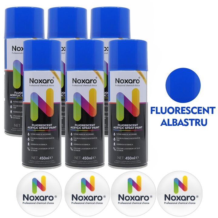 Set 6 Vopsea spray Fluorescent Albastru, NOXARO, Cantitate 450ml, 4x Stickere