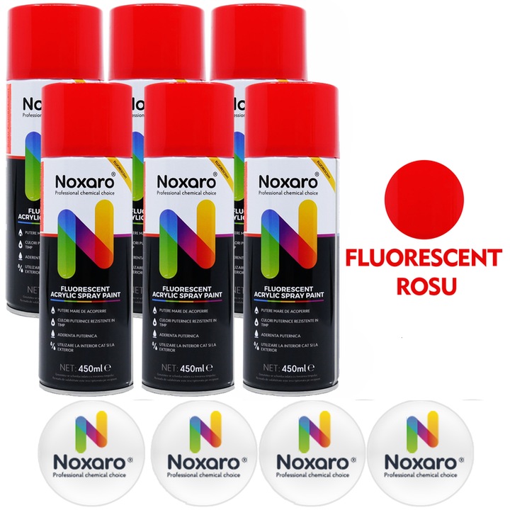 Set 6 Vopsea spray Fluorescent Rosu, NOXARO, Cantitate 450ml, 4x Stickere