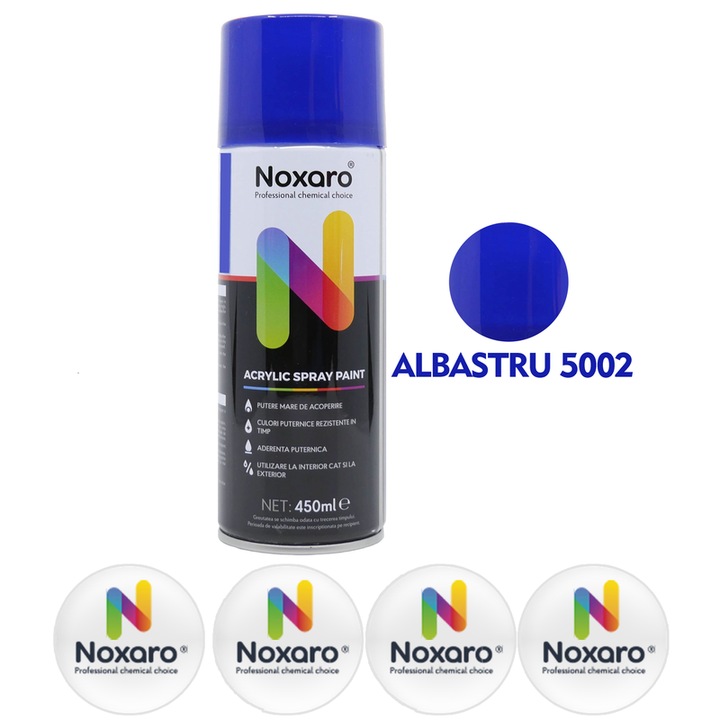 Vopsea spray Albastru 5002, NOXARO, Cantitate 450ml, 4x Stickere
