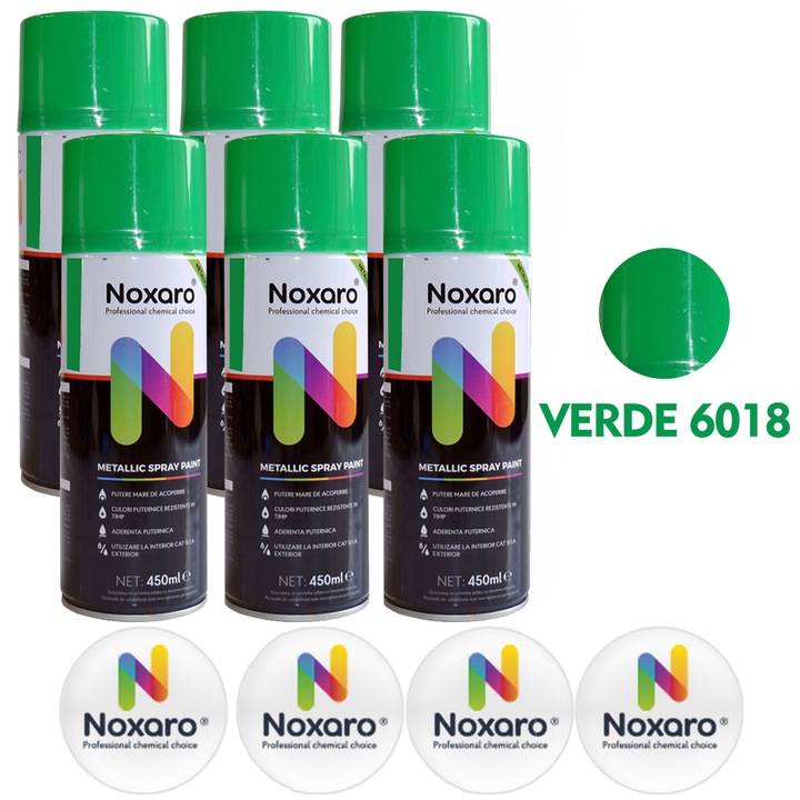 Set 6 Vopsea spray Verde 6018, NOXARO, Cantitate 450ml, 4x Stickere