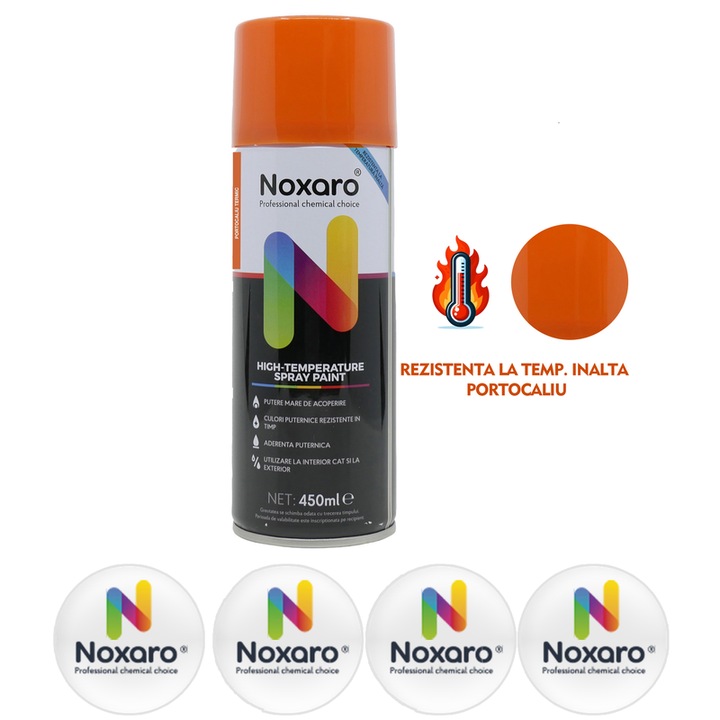 Vopsea spray rezistenta la temperatura inalta Portocaliu, NOXARO, Cantitate 450ml, 4x Stickere