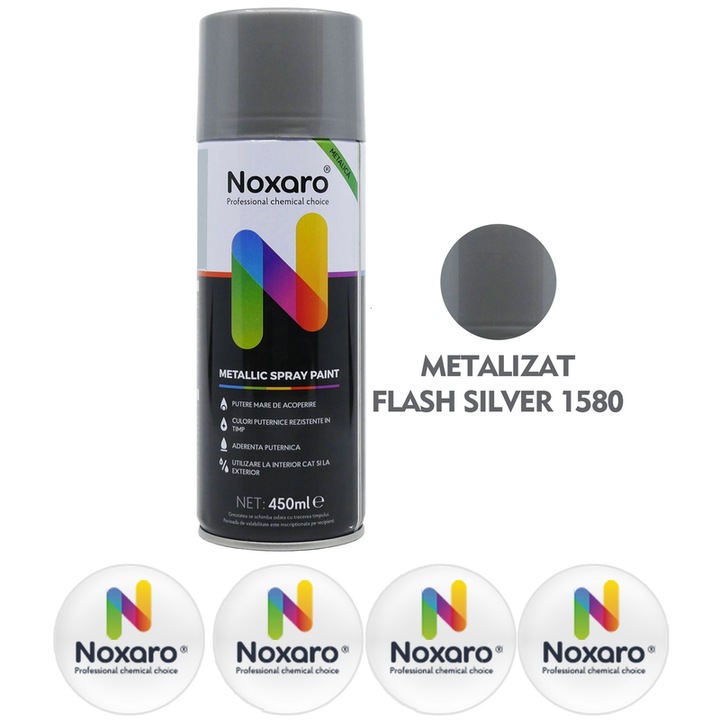 Vopsea spray metalizat Flash Silver 1580, NOXARO, Cantitate 450ml, 4x Stickere